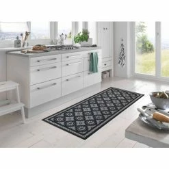 Blitzangebot 🤩 Kleen-Tex Wash+dry Küchenteppich Kitchen Tiles Black Waschbar Trocknergeeignet Rutschfest Robust, Größe:60 X 180 Cm 👏